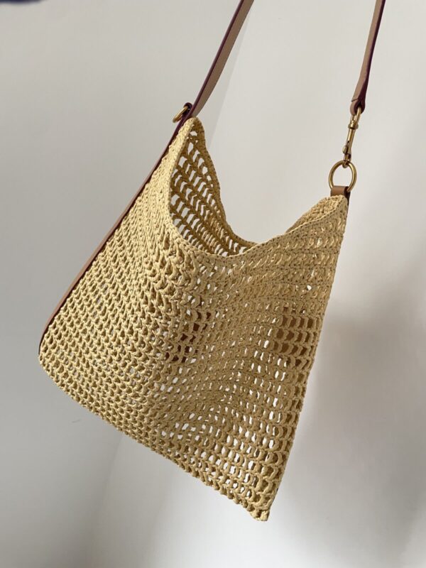SAINT LAURENT YSL OXALIS Raffia and Leather Tote Bag Natural Brown - Image 6