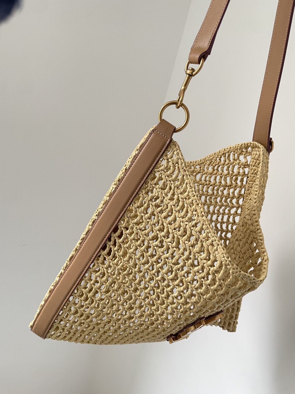 SAINT LAURENT YSL OXALIS Raffia and Leather Tote Bag Natural Brown - Image 7