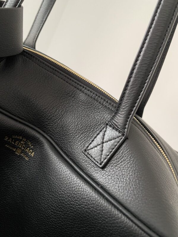 Balenciaga Carrie Logo Embossed Gold-Foil Medium Bowling Bag in Calfskin Leather – Black - Image 10