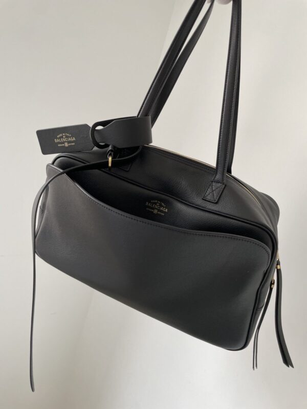 Balenciaga Carrie Logo Embossed Gold-Foil Medium Bowling Bag in Calfskin Leather – Black - Image 2