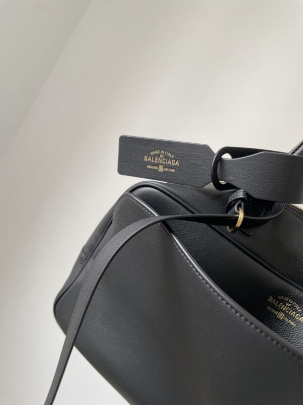 Balenciaga Carrie Logo Embossed Gold-Foil Medium Bowling Bag in Calfskin Leather – Black - Image 5