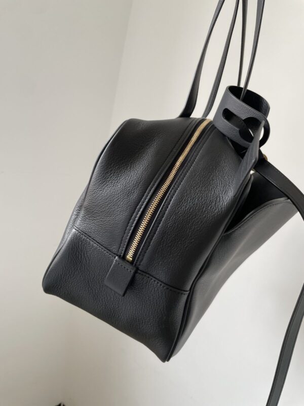 Balenciaga Carrie Logo Embossed Gold-Foil Medium Bowling Bag in Calfskin Leather – Black - Image 6