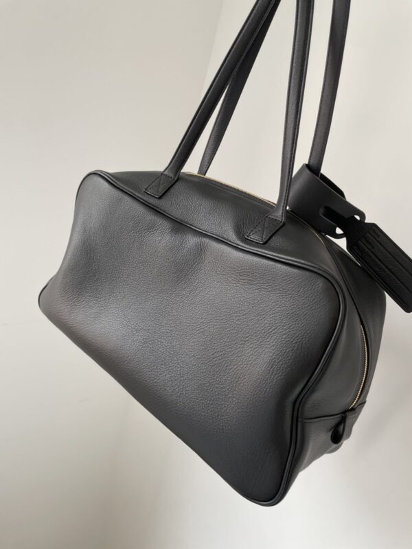 Balenciaga Carrie Logo Embossed Gold-Foil Medium Bowling Bag in Calfskin Leather – Black - Image 7