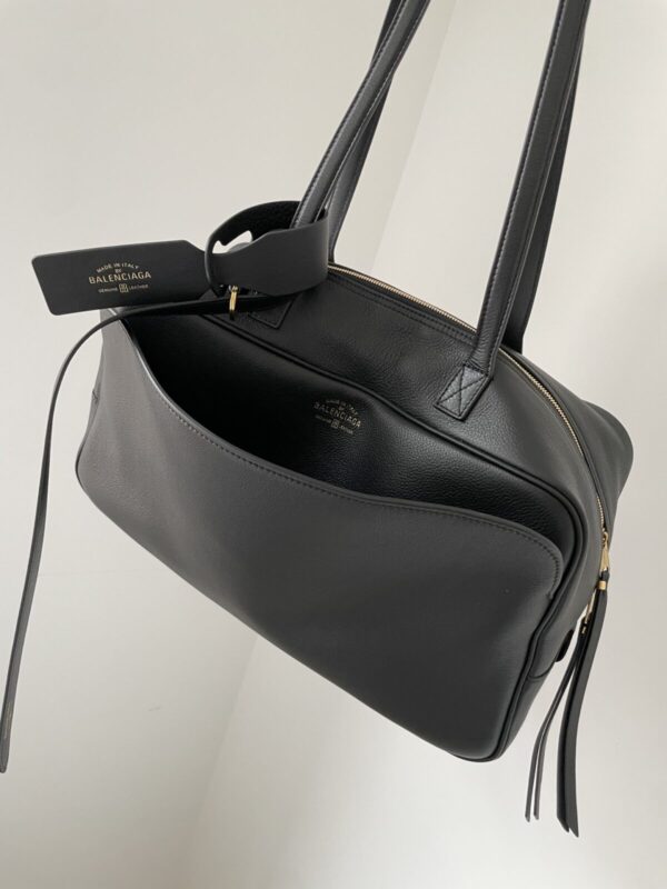 Balenciaga Carrie Logo Embossed Gold-Foil Medium Bowling Bag in Calfskin Leather – Black - Image 8