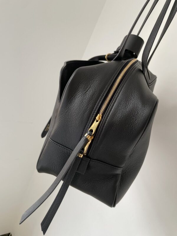 Balenciaga Carrie Logo Embossed Gold-Foil Medium Bowling Bag in Calfskin Leather – Black - Image 9