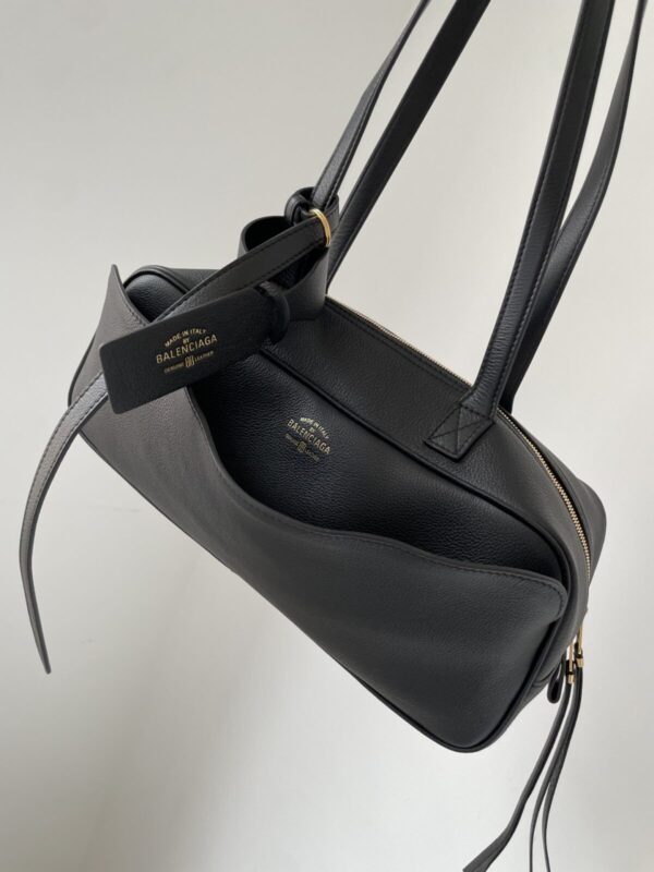 Balenciaga Carrie Logo Embossed Gold-Foil Small Bowling Bag in Calfskin Leather – Black - Image 10