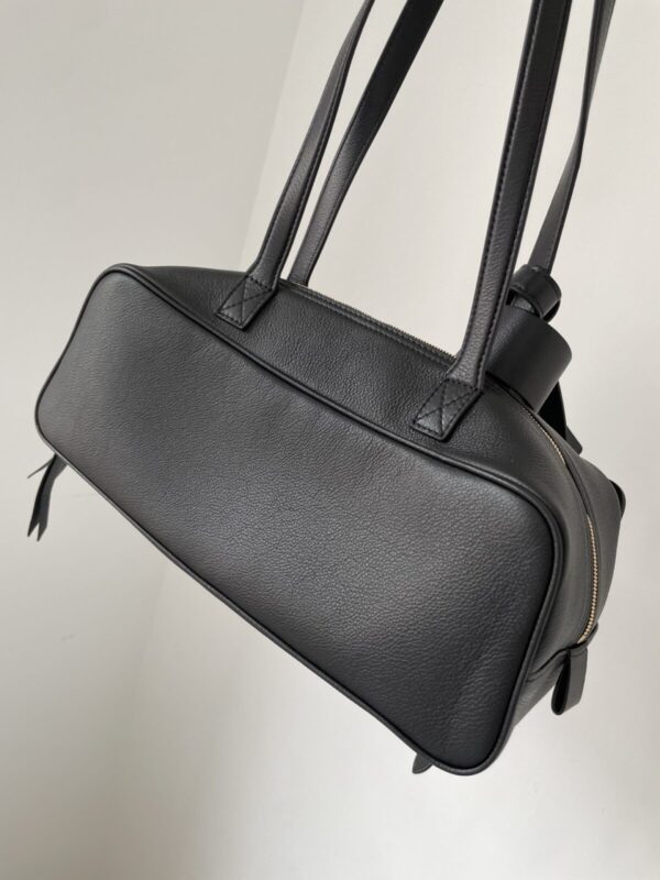 Balenciaga Carrie Logo Embossed Gold-Foil Small Bowling Bag in Calfskin Leather – Black - Image 6