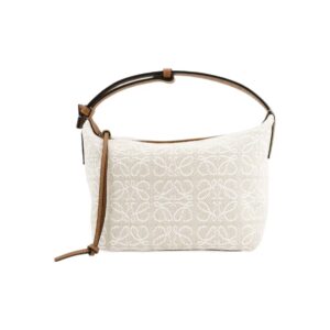 LOEWE Cubi Anagram Small Shoulder Tote Bag in Jacquard Fabric and Calfskin – Off-White & Tan
