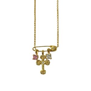 Chrome Hearts Gold Flame Cross Pink & White Diamond Necklace