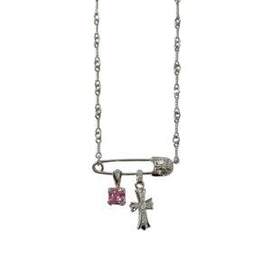 Chrome Hearts White Gold Pink Diamond Cross Necklace