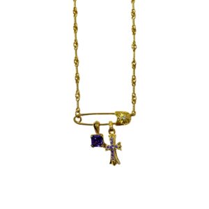 Chrome Hearts Purple Diamond Safety Pin Cross Necklace
