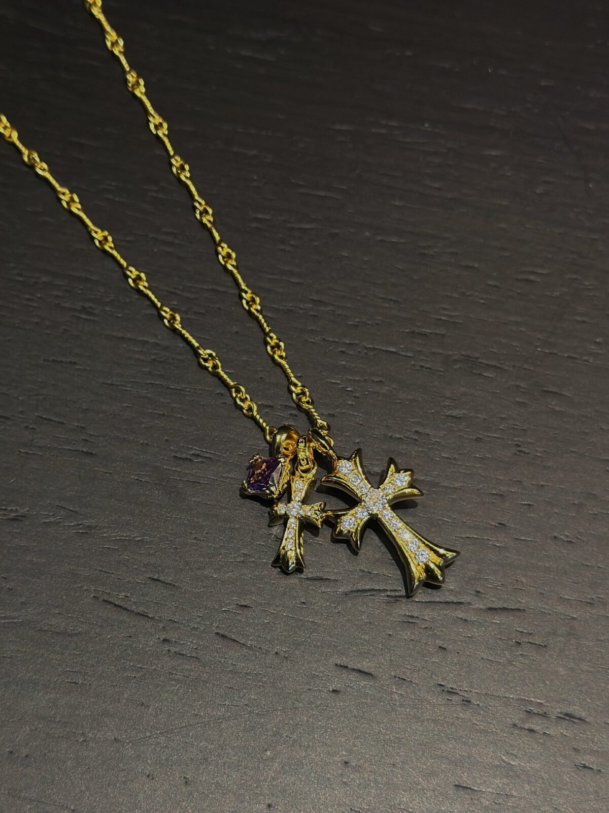 Chrome Hearts Double Cross Purple Diamond Necklace - Image 4