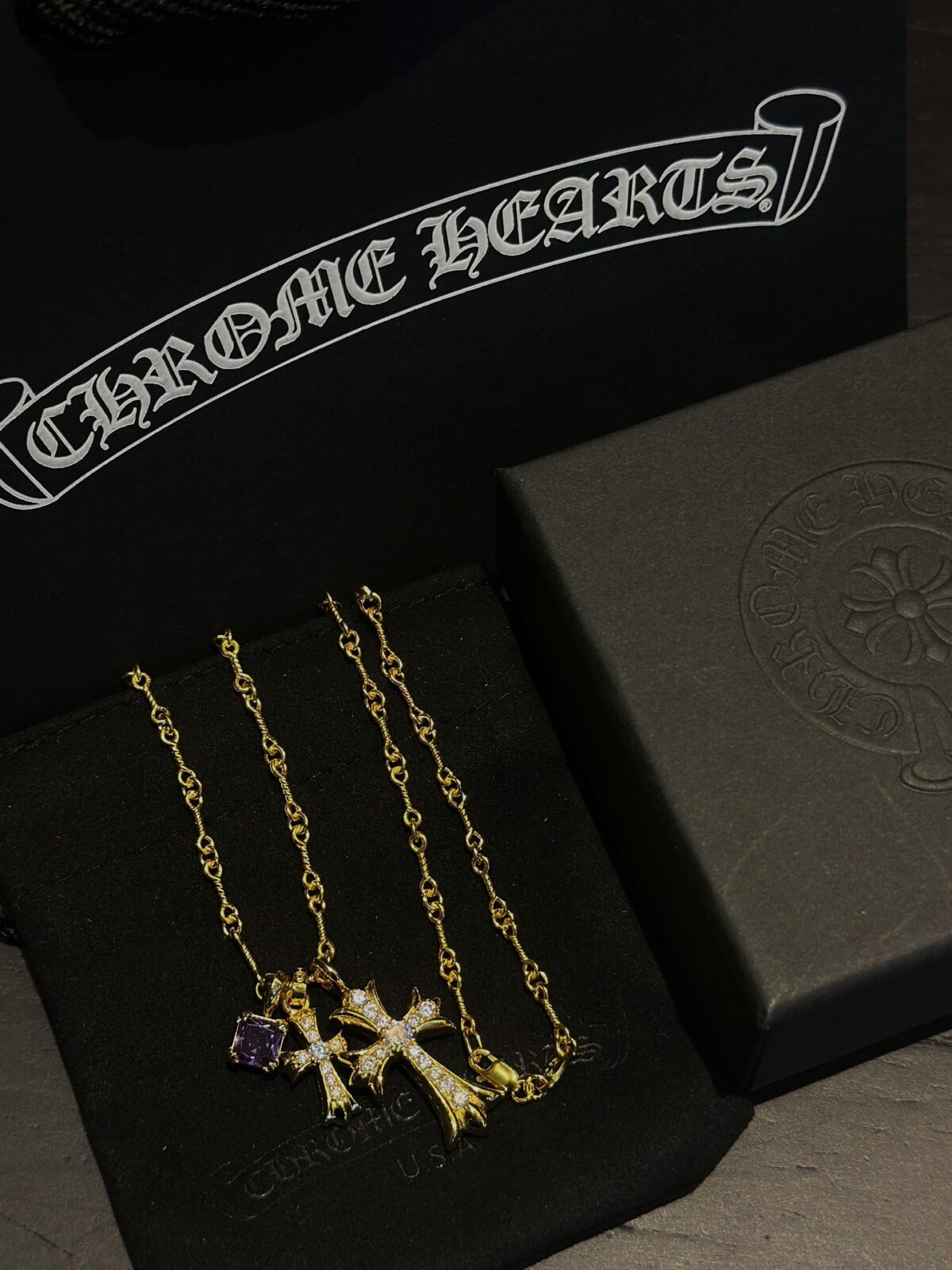 Chrome Hearts Double Cross Purple Diamond Necklace - Image 7