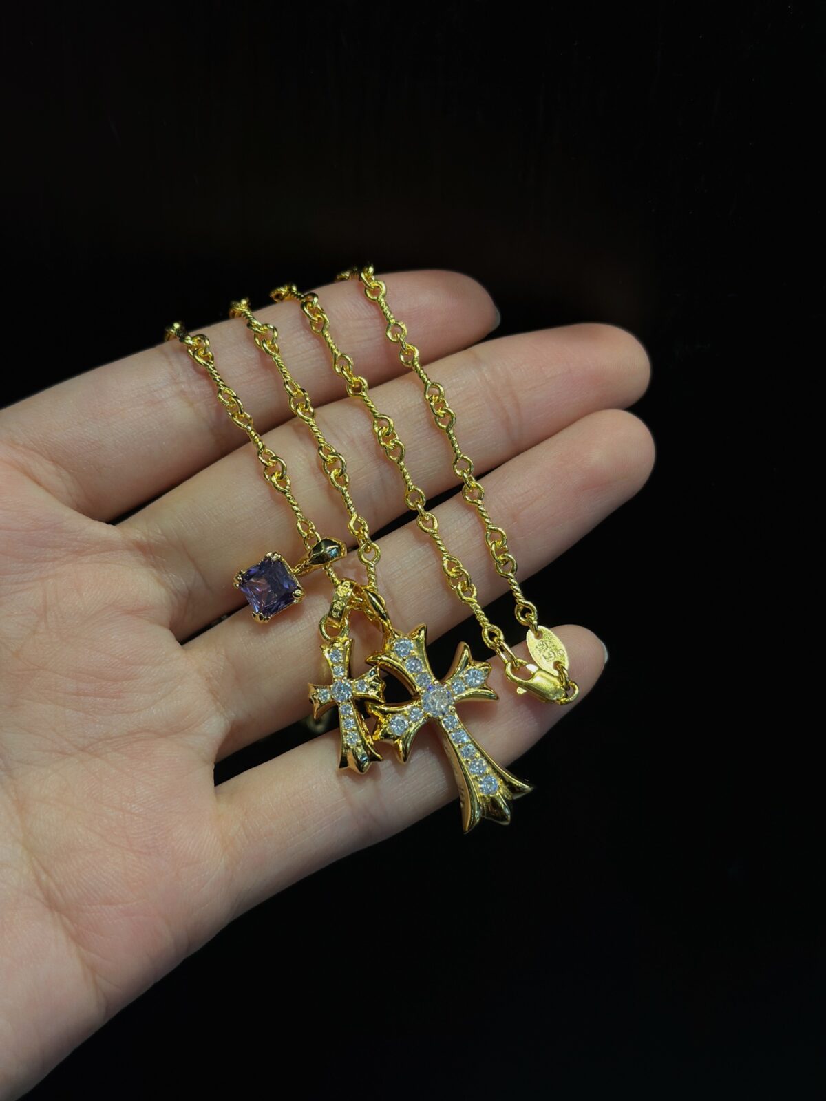 Chrome Hearts Double Cross Purple Diamond Necklace - Image 8