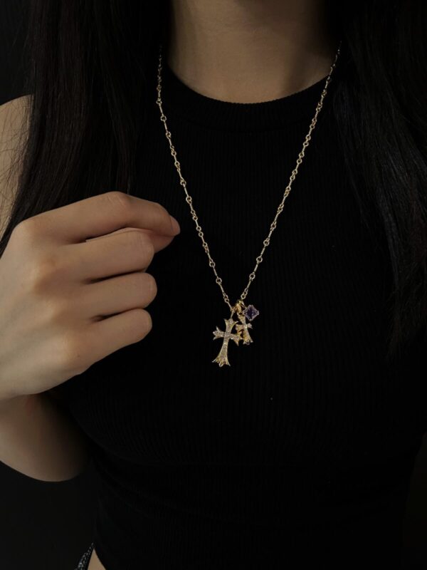 Chrome Hearts Double Cross Purple Diamond Necklace - Image 9