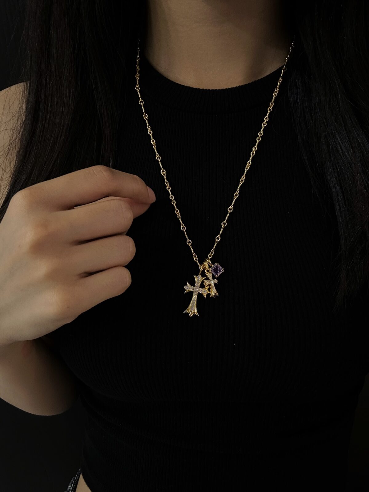 Chrome Hearts Double Cross Purple Diamond Necklace - Image 9