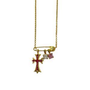 Chrome Hearts Gold Pink White Red Diamond Cross Necklace