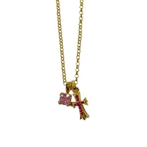 Chrome Hearts Gold Pink & Red Diamond Cross Necklace