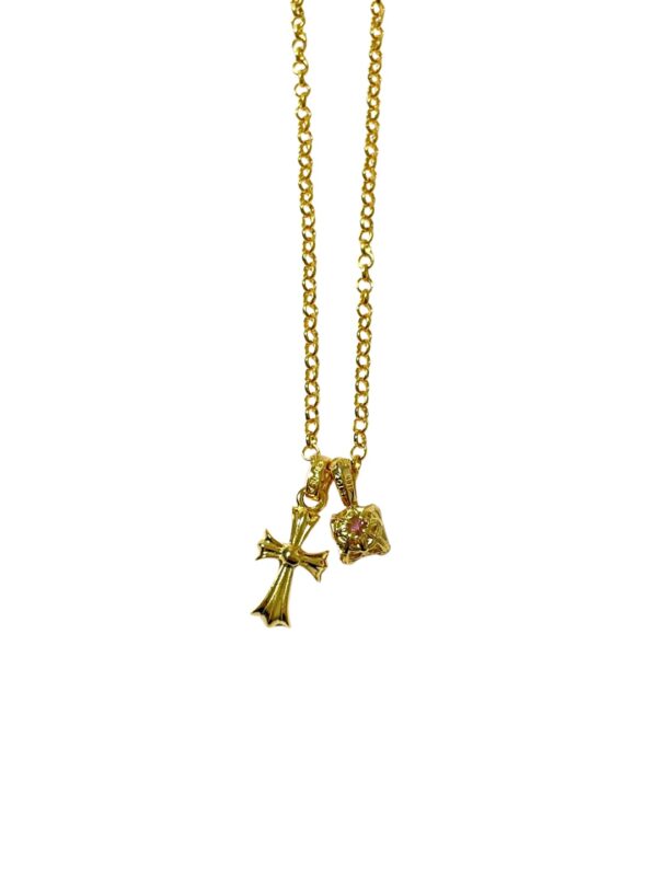 Chrome Hearts Gold Pink & Red Diamond Cross Necklace - Image 2