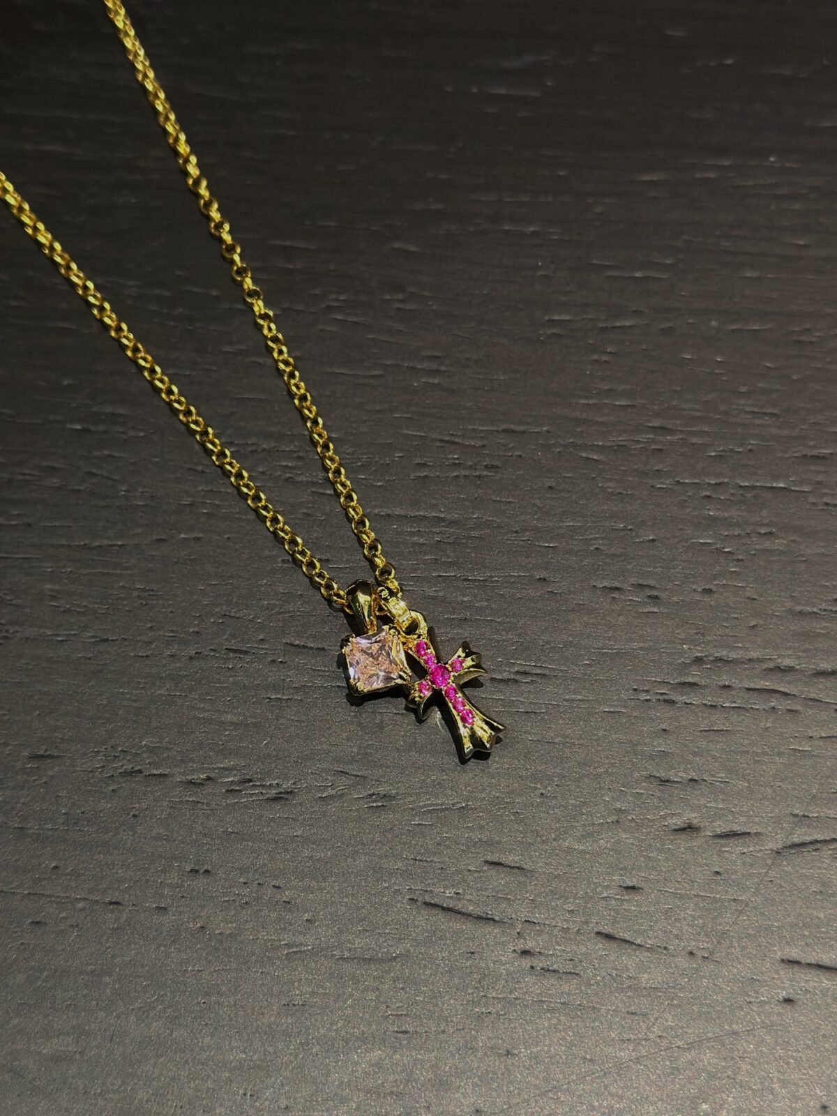 Chrome Hearts Gold Pink & Red Diamond Cross Necklace - Image 4