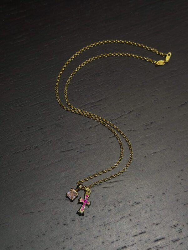 Chrome Hearts Gold Pink & Red Diamond Cross Necklace - Image 6