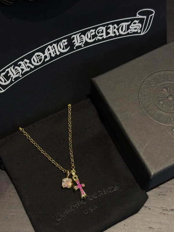 Chrome Hearts Gold Pink & Red Diamond Cross Necklace - Image 8