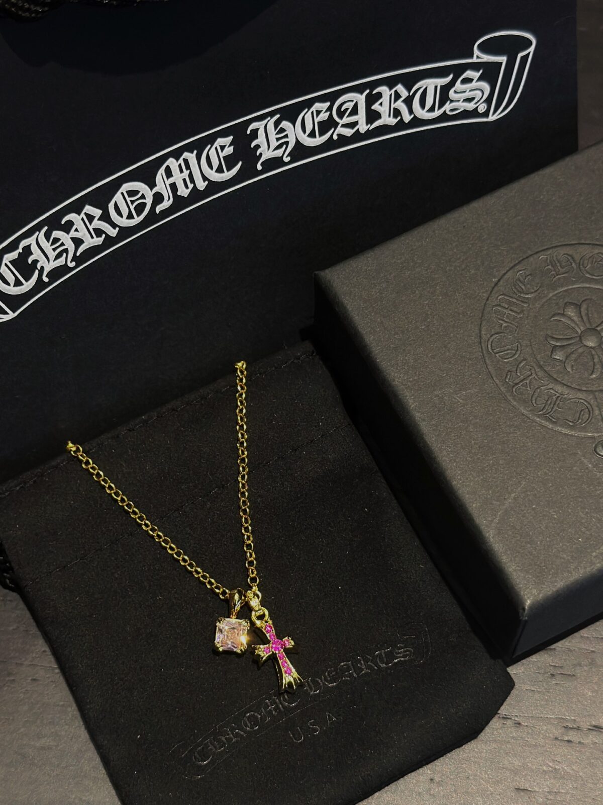 Chrome Hearts Gold Pink & Red Diamond Cross Necklace - Image 8