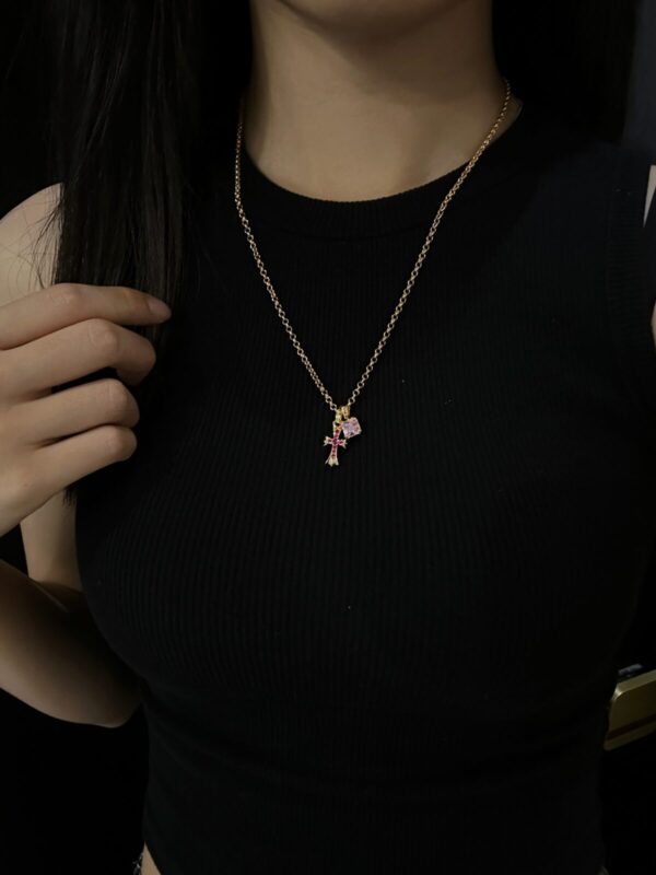 Chrome Hearts Gold Pink & Red Diamond Cross Necklace - Image 9