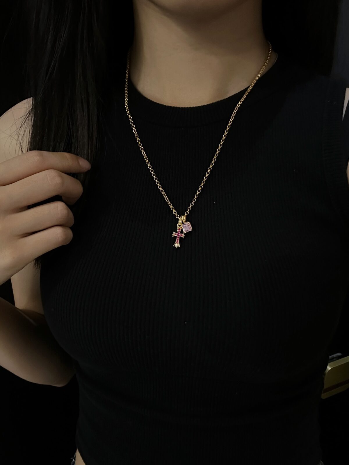 Chrome Hearts Gold Pink & Red Diamond Cross Necklace - Image 9