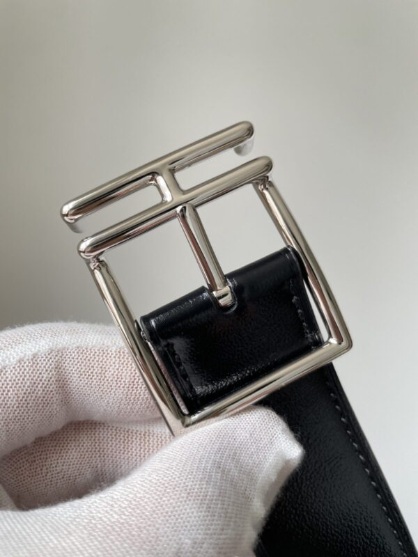 HERMES Quentin Togo Calfskin Silver Buckle Reversible Belt Men Black - Image 10