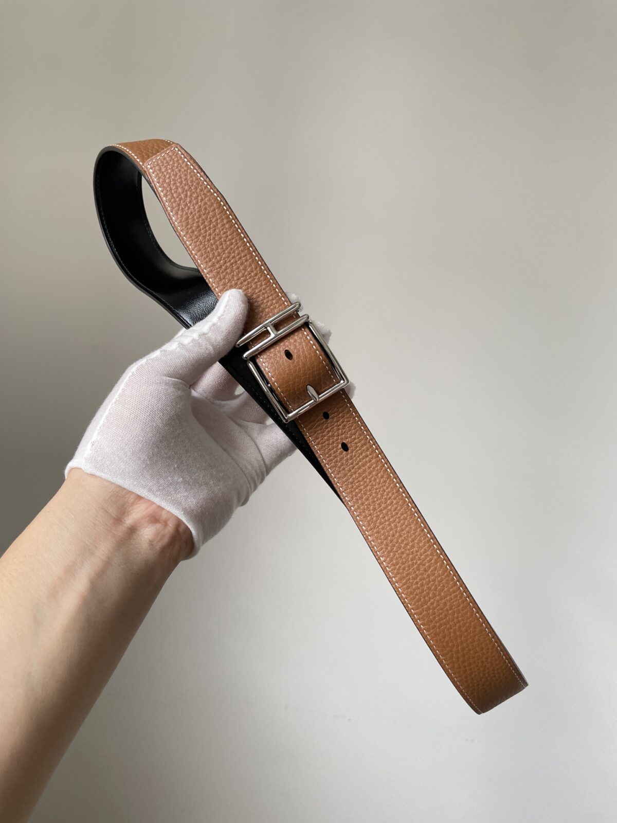 HERMES Quentin Togo Calfskin Silver Buckle Reversible Belt Men Black - Image 2