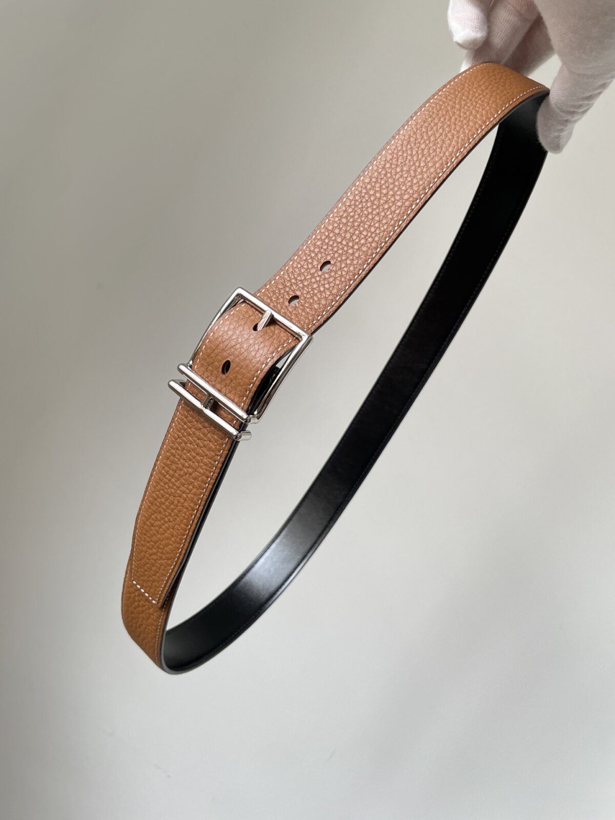 HERMES Quentin Togo Calfskin Silver Buckle Reversible Belt Men Black - Image 3