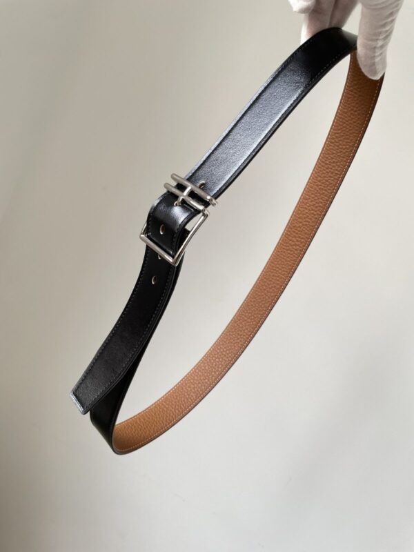 HERMES Quentin Togo Calfskin Silver Buckle Reversible Belt Men Black - Image 4
