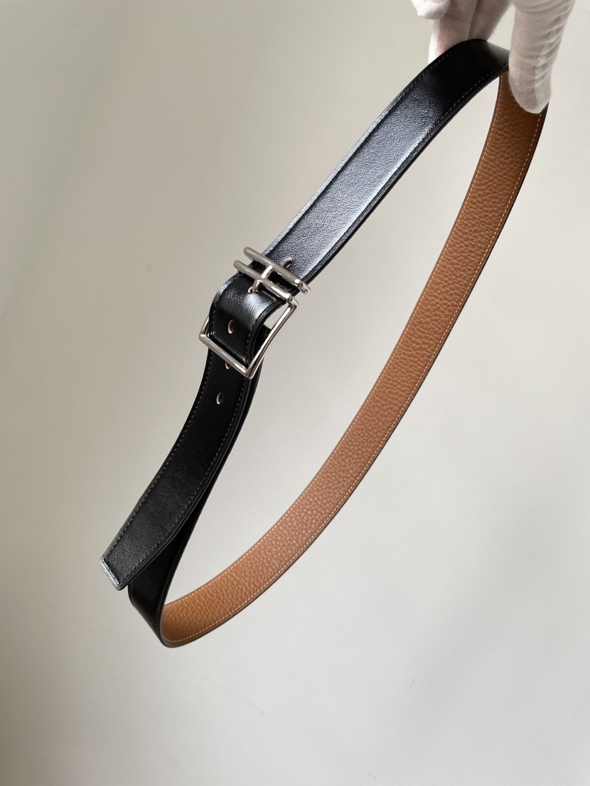 HERMES Quentin Togo Calfskin Silver Buckle Reversible Belt Men Black - Image 4