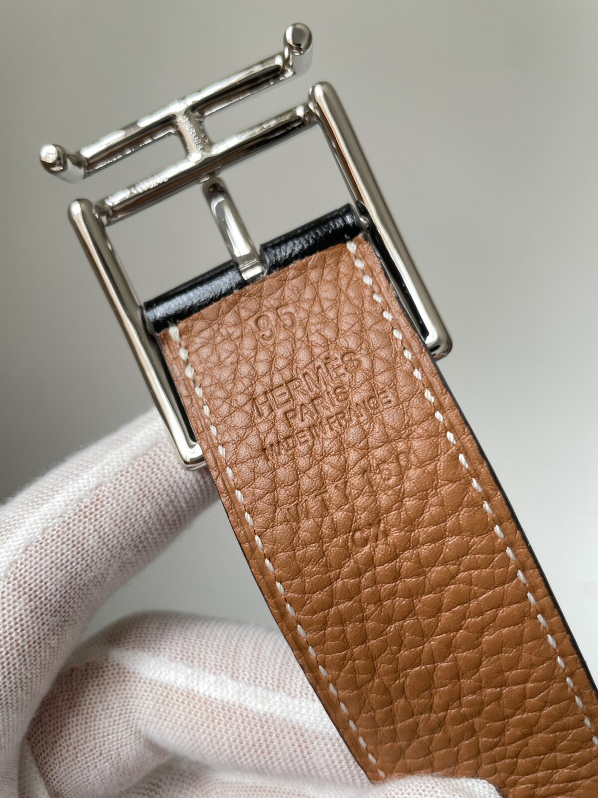 HERMES Quentin Togo Calfskin Silver Buckle Reversible Belt Men Black - Image 9