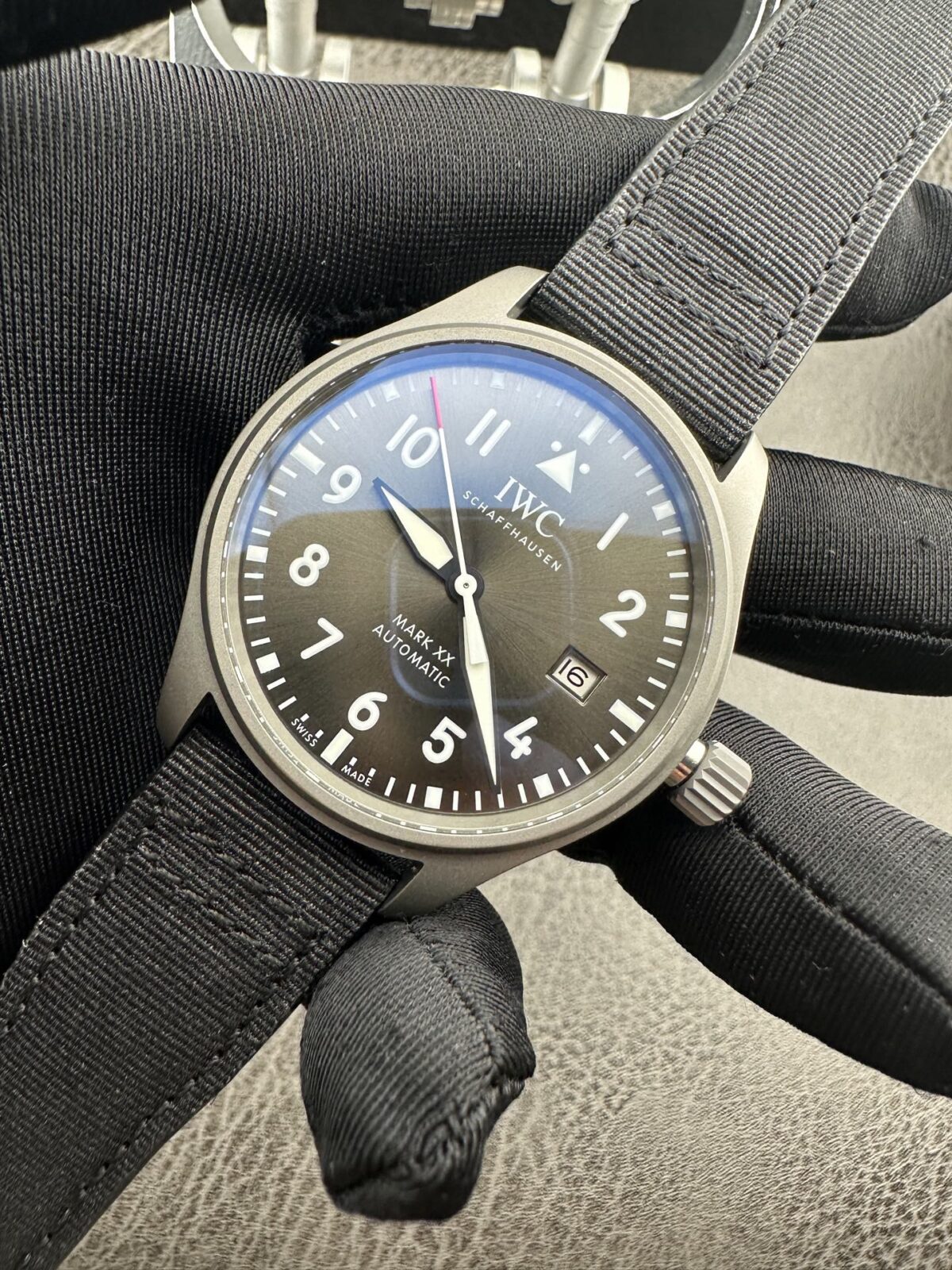 IWC Pilot’s Watch Automatic Mechanical Movement 100M Water Resistant Unisex Swiss Watch 40mm Grey Dial Titanium Case Fabric Strap - Image 4