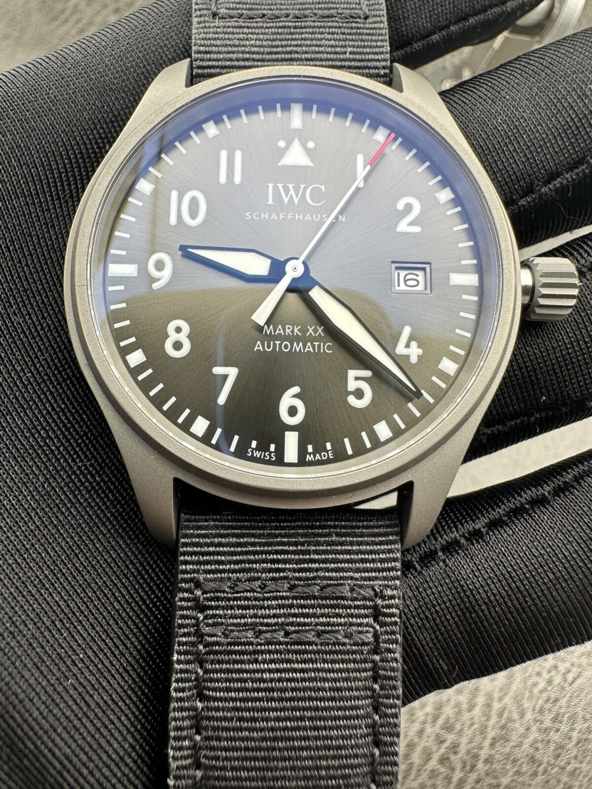 IWC Pilot’s Watch Automatic Mechanical Movement 100M Water Resistant Unisex Swiss Watch 40mm Grey Dial Titanium Case Fabric Strap - Image 5