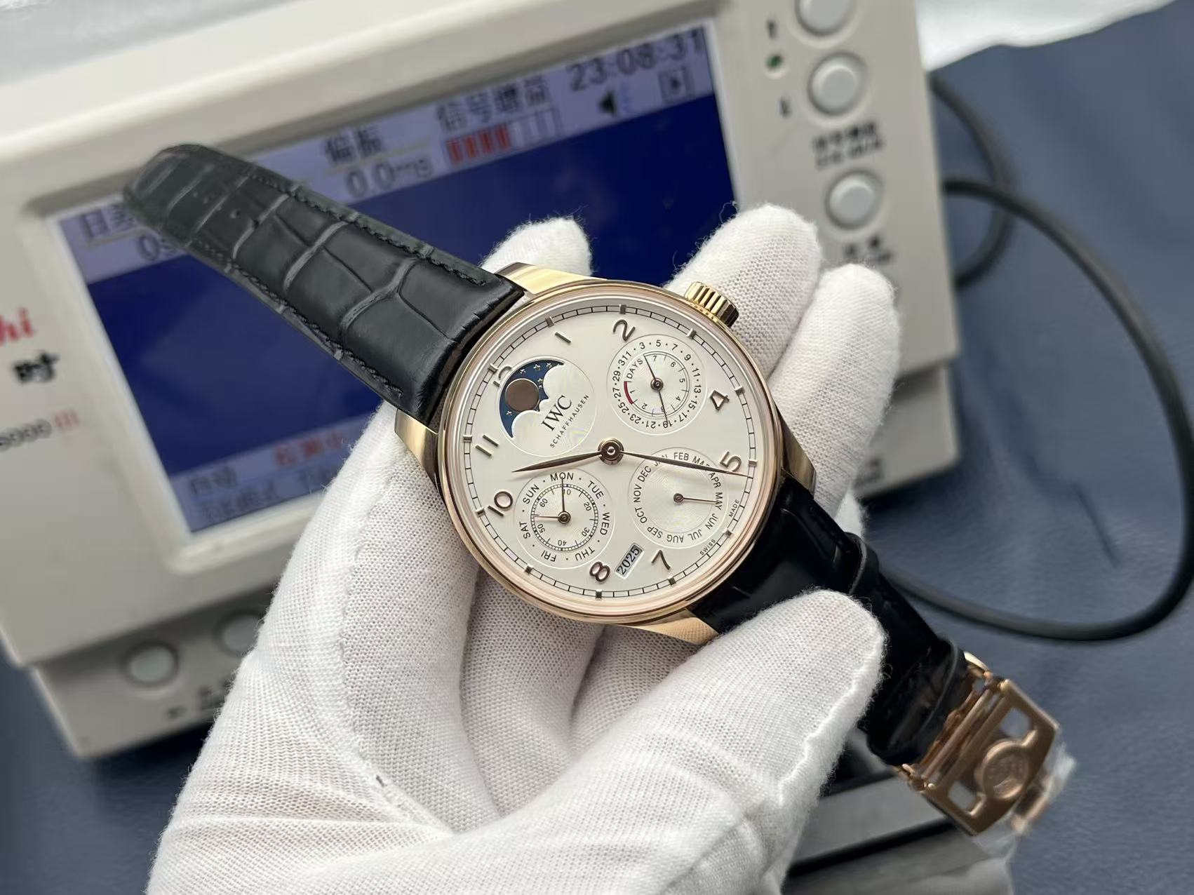 IWC Portuguese Perpetual Calendar Automatic Mechanical Movement Moon Phase Power Reserve Water Resistant Men’s Watch Swiss Watch 44.2mm White Dial 18K Red Gold Case Alligator Leather Strap - Image 2