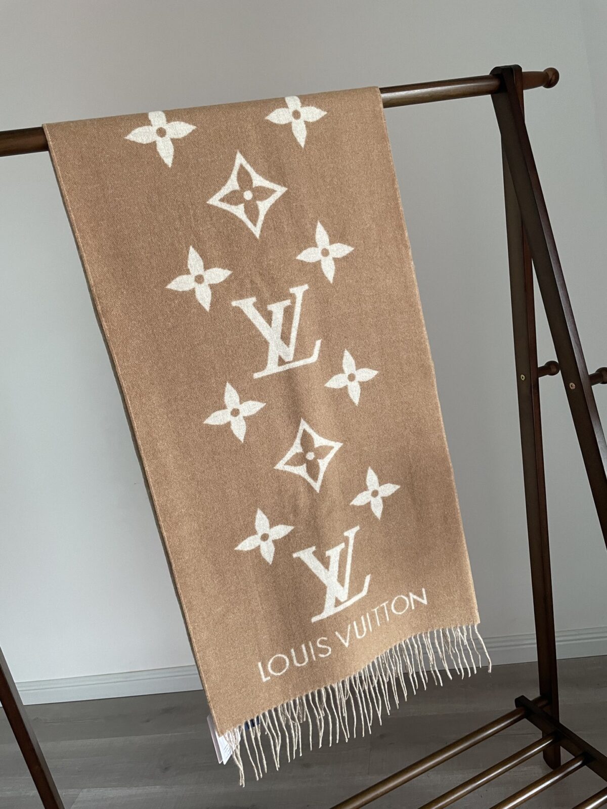 Louis Vuitton Jacquard Woven Cashmere Tassel Scarf Milk Tea - Image 2