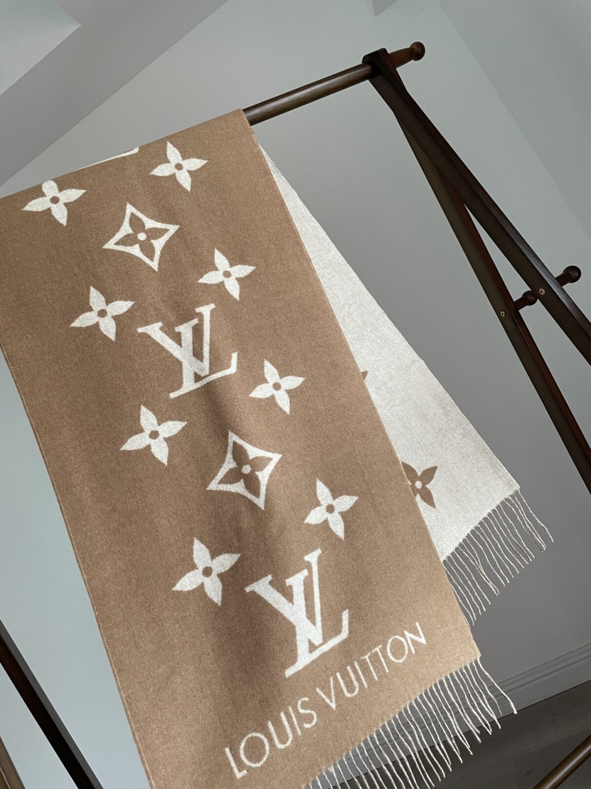 Louis Vuitton Jacquard Woven Cashmere Tassel Scarf Milk Tea - Image 3