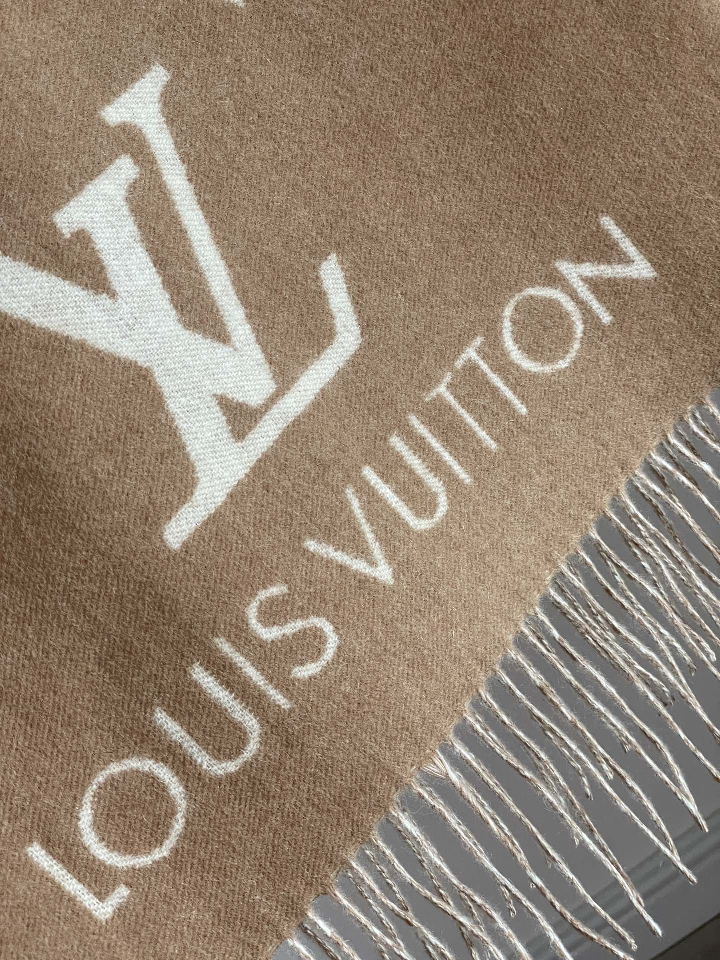 Louis Vuitton Jacquard Woven Cashmere Tassel Scarf Milk Tea - Image 7
