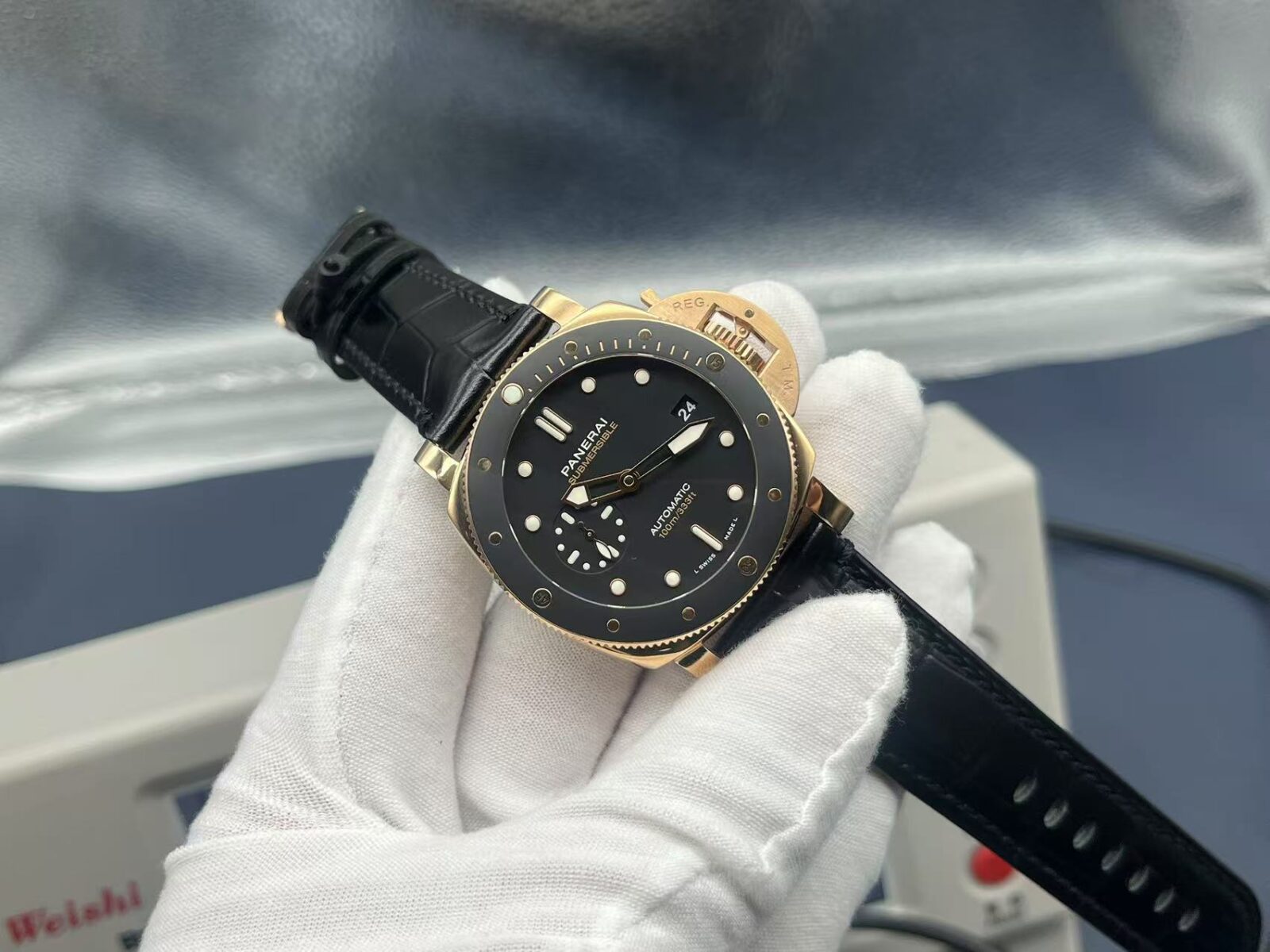 Panerai Submersible Automatic 42mm Black Dial Goldtech Case Alligator Strap Men’s Watch - Image 2