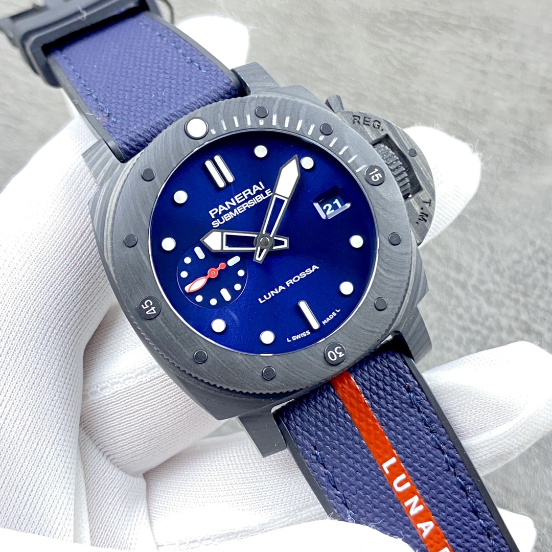 Panerai Submersible Automatic 42mm Blue Dial Carbon Fiber Case Rubber Strap Men’s Watch - Image 3