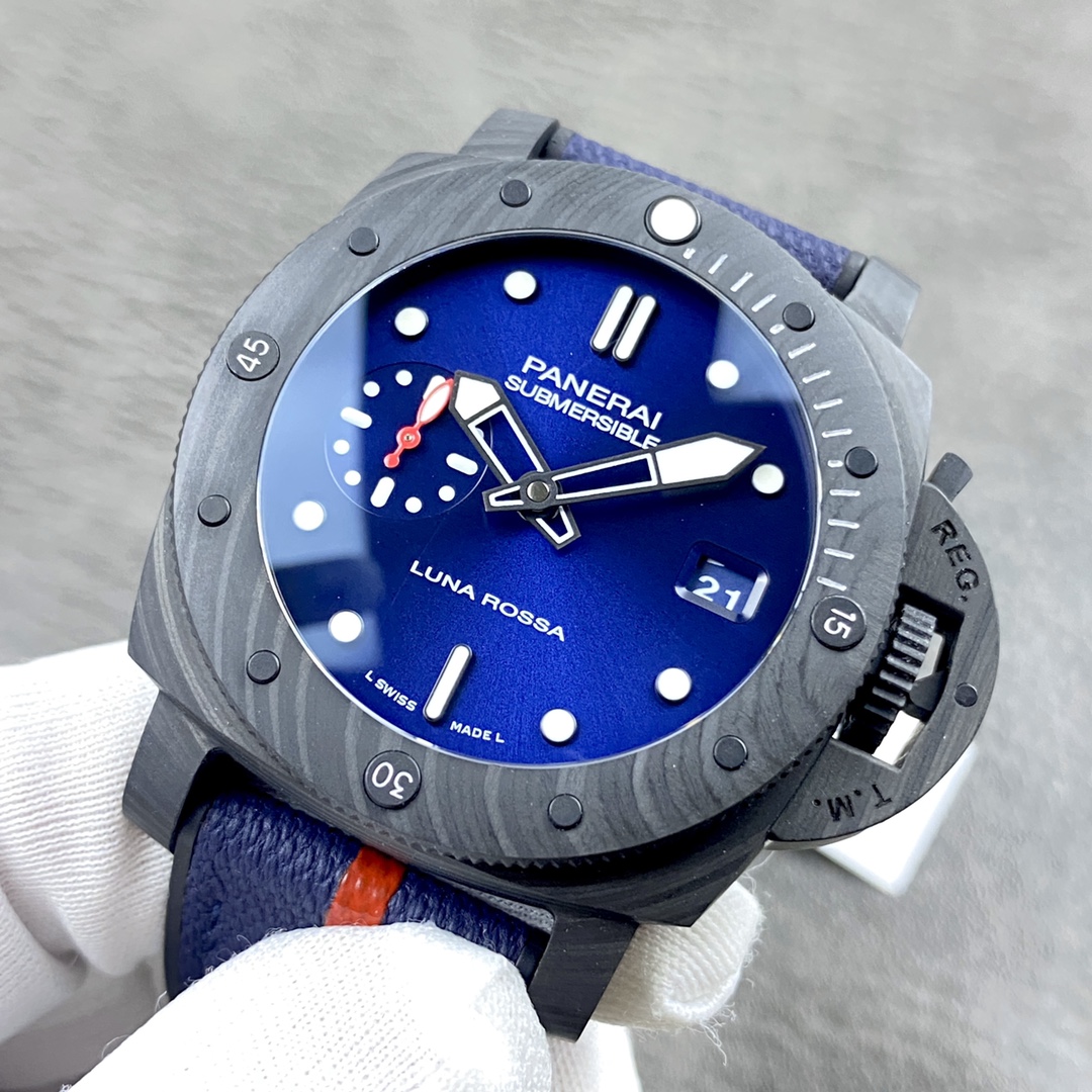 Panerai Submersible Automatic 42mm Blue Dial Carbon Fiber Case Rubber Strap Men’s Watch - Image 4