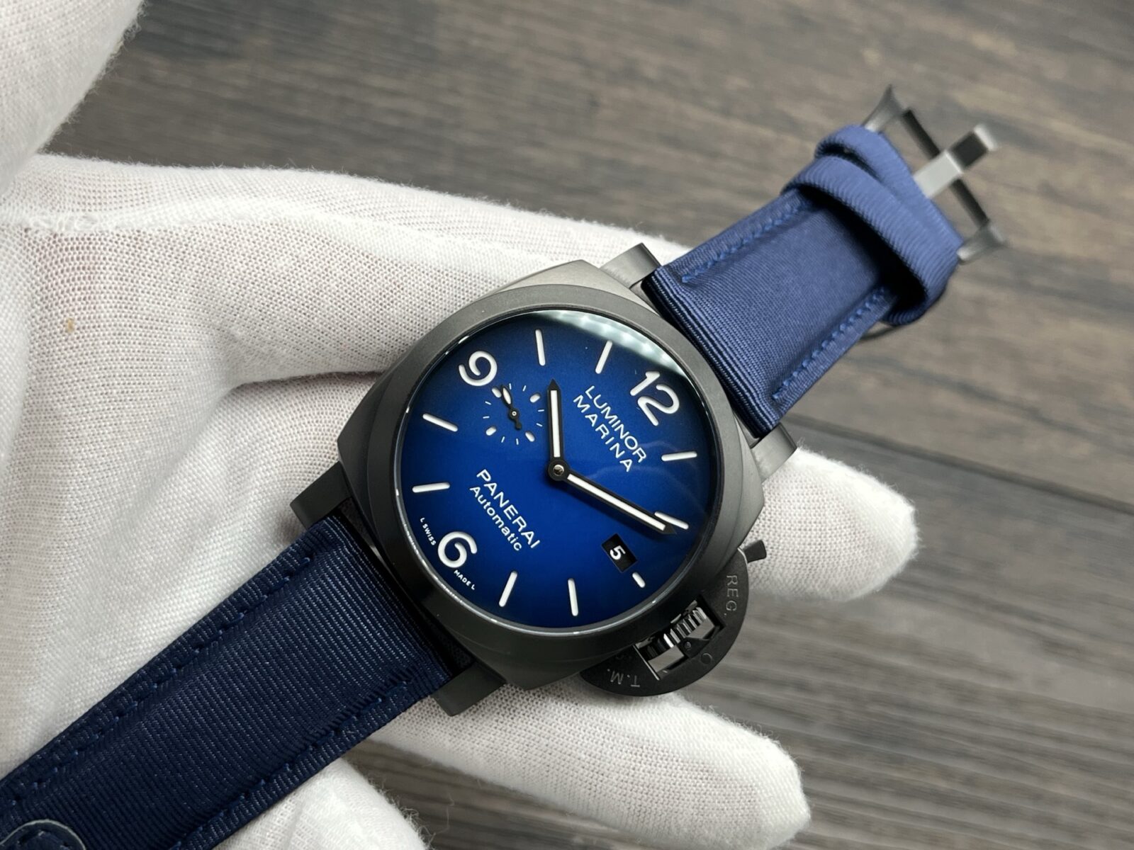 Panerai Luminor Marina Automatic 44mm Blue Dial Stainless Steel Case Recycled PET Strap Men’s Watch - Image 4