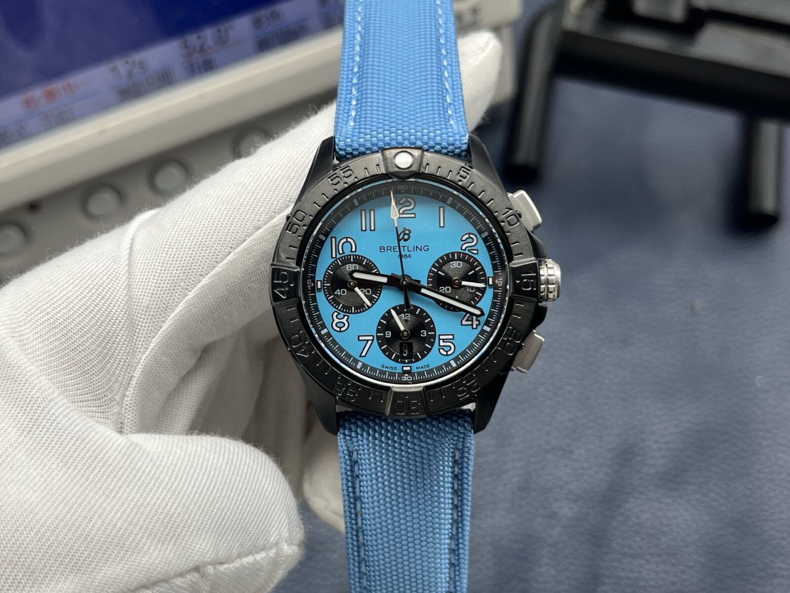 Breitling Avenger Automatic Chronograph Men’s Watch 42mm Blue Dial Ceramic Case with Calf Leather Strap - Image 3