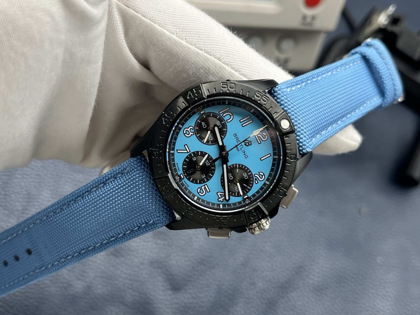 Breitling Avenger Automatic Chronograph Men’s Watch 42mm Blue Dial Ceramic Case with Calf Leather Strap - Image 4