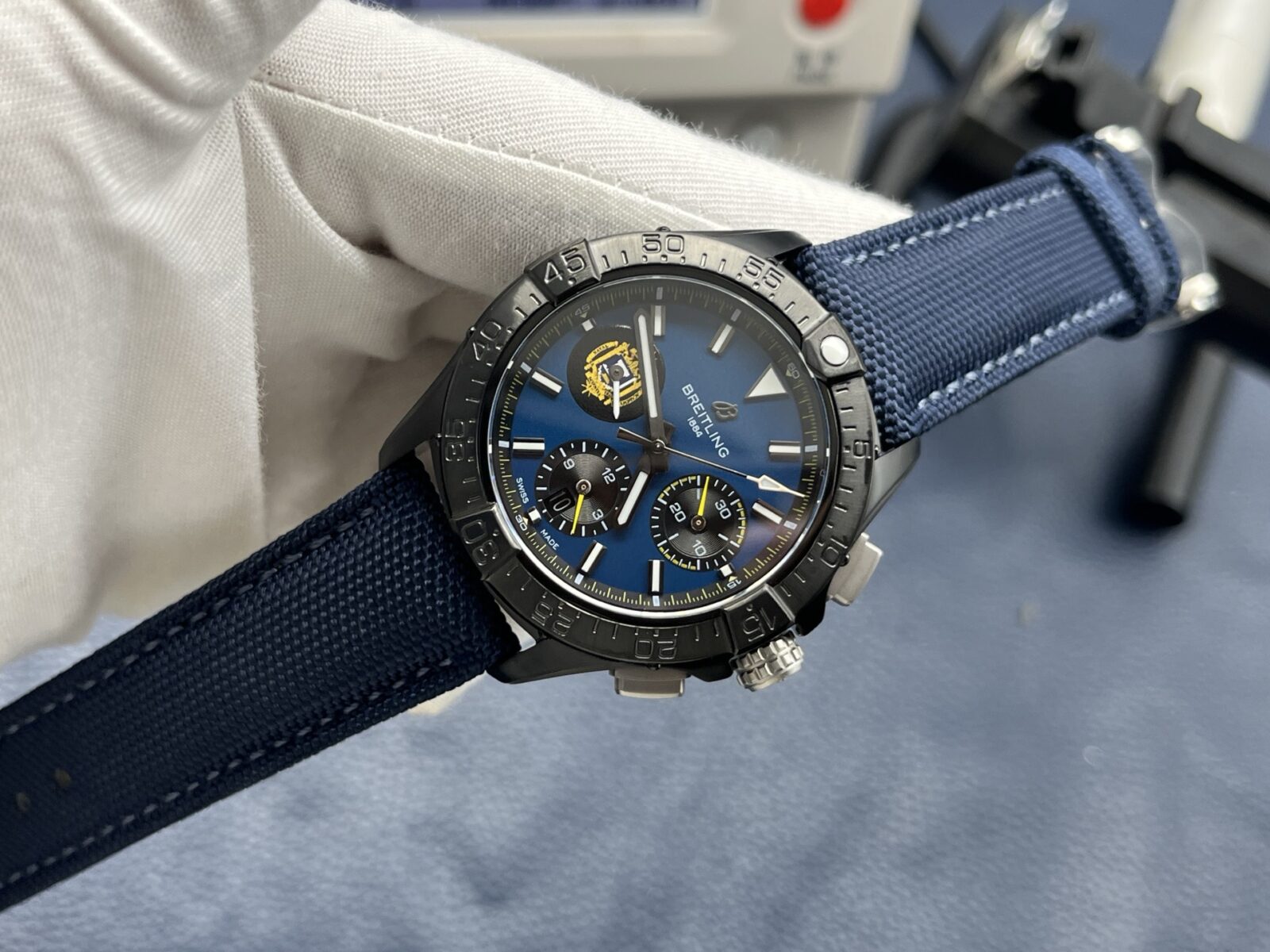 Breitling Avenger Automatic Chronograph Men’s Watch 44mm Blue Dial Ceramic Case with Calf Leather Strap - Image 4