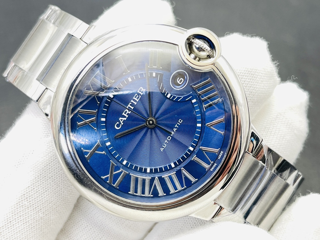 Cartier Ballon Bleu Series Automatic Mechanical Men’s Watch 42mm Blue Dial Stainless Steel Case with Alligator Leather Strap - Image 5