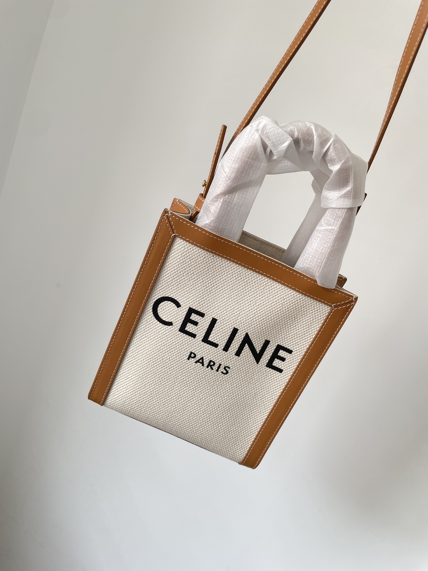 CELINE Cabas Vertical Mini Tote Cotton Canvas with Calfskin Trim Women Beige/Tan - Image 5